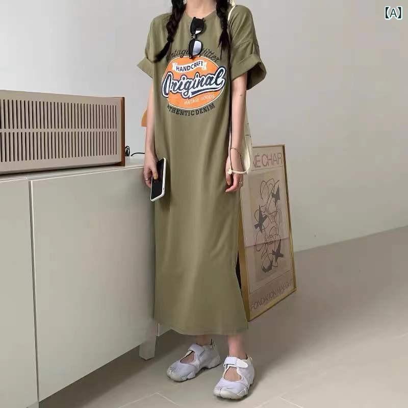 Short Sleeves - ワンピース レディース 半袖 ロング丈 スリット入り コットン混 チュニック丈 カジュアル シンプル 着回ししやすい 通勤 通学 体型カバー ベーシック ゆったりシルエット 動きやすい 楽ちん