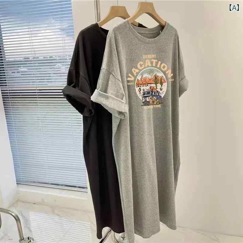 ワンピース レディース 半袖 Tシャツワンピース ロング丈 プリント クルーネック カットソー素材 ゆったり 着痩せ 動きやすい 部屋着 ルームウェア カジュアル シンプル 体型カバー 膝丈 ミモレ丈 春夏