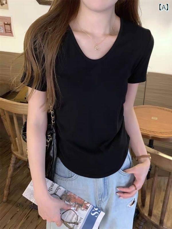 Tシャツ レディース 半袖 カットソー Uネック 伸縮性 コットン混 インナー トップス 無地 スリムフィット 重ね着 カジュアル シンプル 着回ししやすい 動きやすい 快適フィット感