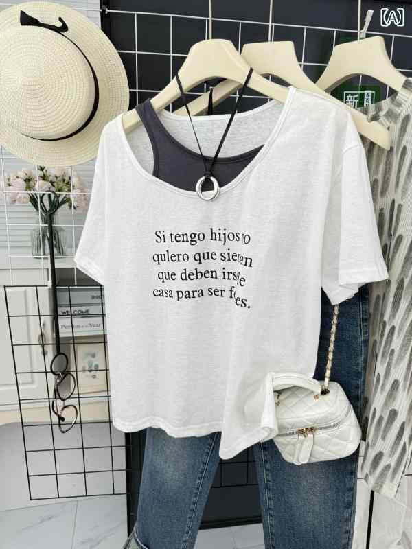 Short Sleeves - 長袖Tシャツ レディース ロンT 重ね着風 レイヤード風 トップス 英字ロゴ プリント 丸首 クルーネック プルオーバー ゆったり カジュアル 部屋着 通学 お出かけ 体型カバー 動きやすい