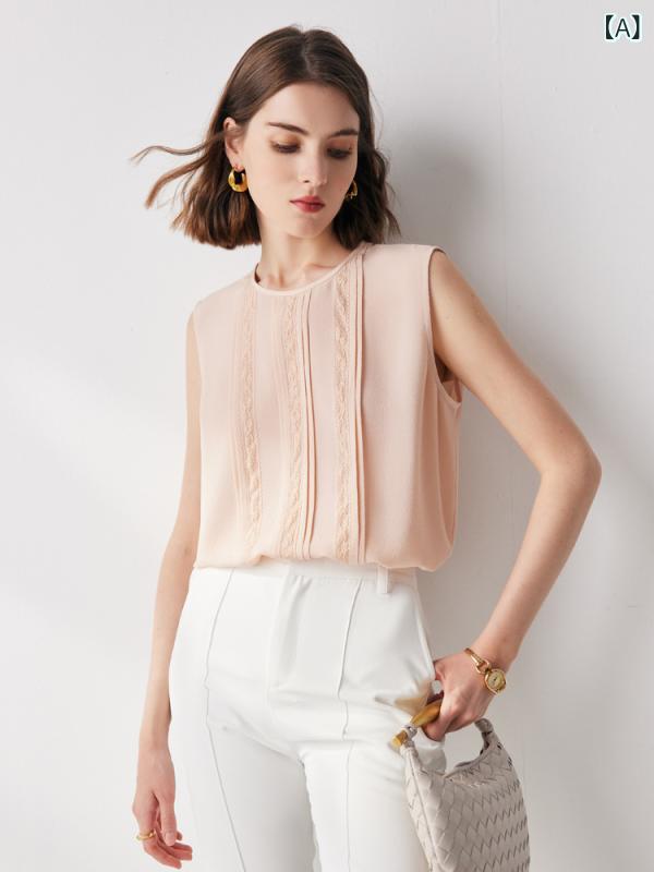 Short Sleeves - ノースリーブ レディース ブラウス シルク調 トップス カットソー レース切替 ラウンドネック プルオーバー 通勤 通学 通気性 吸湿性 肌触り滑らか 上品 着回し ゆったりシルエット 春夏 秋 普段着