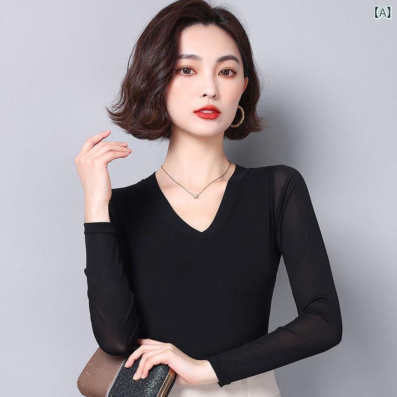 樂天商城 - 長袖Tシャツ レディース インナー Vネック 透け感 トップス レース風 メッシュ シアー カットソー 無地 薄手 伸縮性 重ね着 春秋コーデ 遮肚 着痩せ効果 着回し力抜群 軽量 普段着 オフィス
