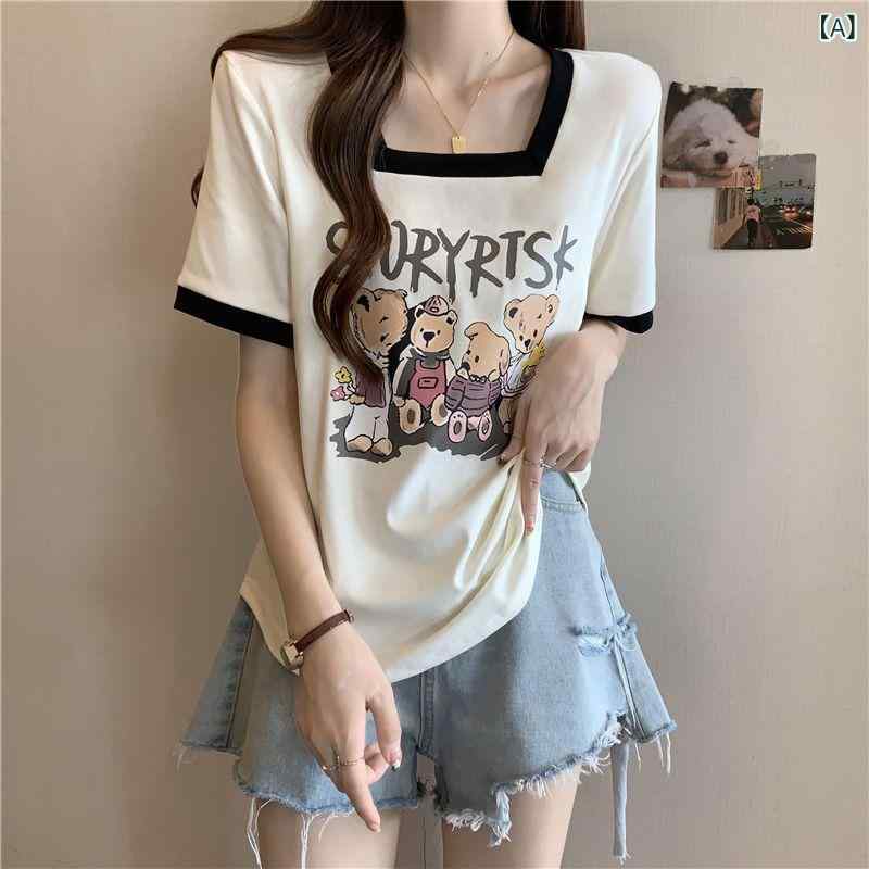 Tシャツ レディース カットソー 半袖 スクエアネック 五分袖 トップス コットン混 ...