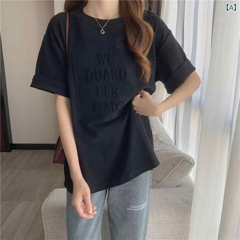 Running - Tシャツ レディース 半袖 カットソー チュニック丈 コットン素材 ロゴプリント ゆったり 体型カバー クルーネック トップス シンプル 無地 おしゃれ 柔らかい生地 カジュアル 通勤通学 春夏物 動きやすい