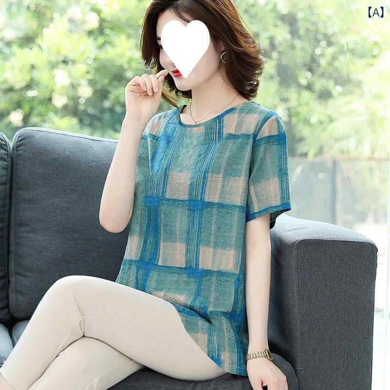Tシャツ レディース 半袖 チェック柄 カットソー トップス 綿混素材 ゆったり 大き...