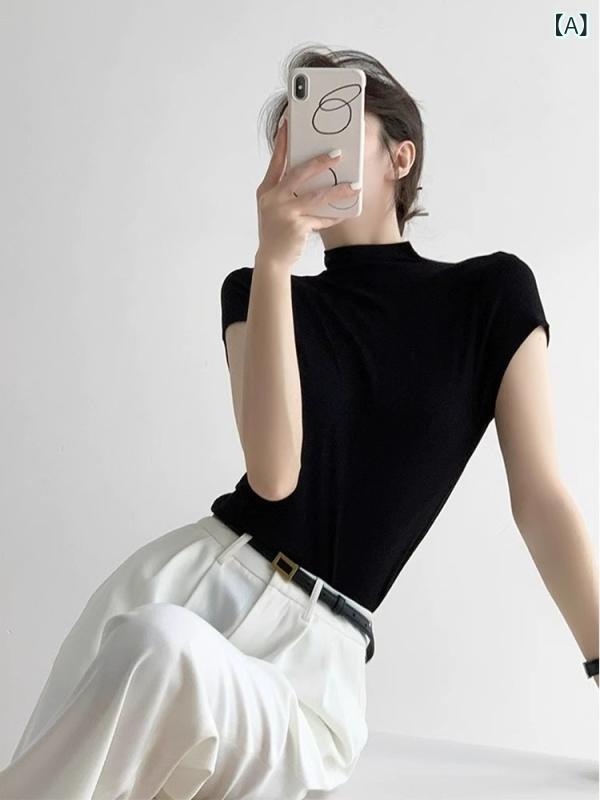 Tシャツ レディース 半袖 ハイネック タイト ニット 無地 サマーニット トップス インナー 重ね着 ストレッチ素材 通気性 スリムフィット 薄手 春夏 通勤 通学 伸縮性があり着脱しやすい
