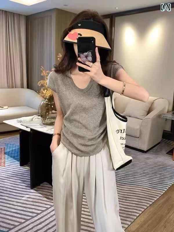Rakuten - ニット レディース 半袖 Uネック サマーニット Tシャツ 薄手 涼感素材 冷感素材 インナー カットソー トップス ストレッチ 通気性抜群 洗濯機OK 伸縮性 動きやすい 春夏 きれいめ オフィス カジュアル