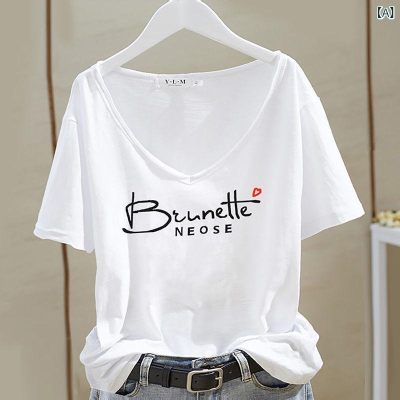 Tシャツ レディース Vネック カットソー 半袖 綿混 無地 トップス 薄手 大きめ ゆったり 着回し インナー ベーシック 体型カバー 通気性 吸汗 速乾 シンプル 合わせやすい オフィス カジュアル デイリー
