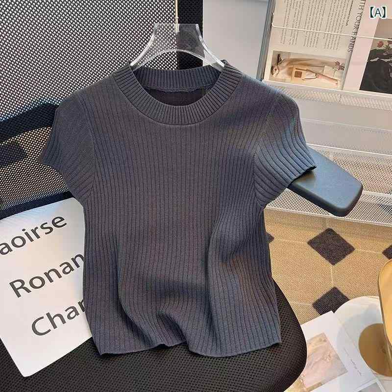Long-Sleeved - ニット レディース 半袖 トップス カットソー クルーネック サマーニット リブ編み 薄手 無地 シンプル インナー 重ね着 通気性 伸縮性 きれいめ オフィス 通勤 通学 春夏用 ストレッチ フィット感 柔らかい デイリーコーデ 普段使い
