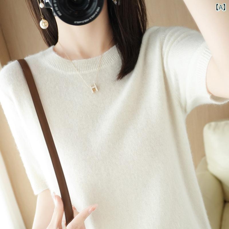 Short Sleeves - ニットプルオーバー レディース 半袖 クルーネック サマーニット ショート丈 カットソー コットン混素材 無地 シンプル 薄手 きれいめ インナー 重ね着 伸縮性 動きやすい 春夏 秋 おしゃれ