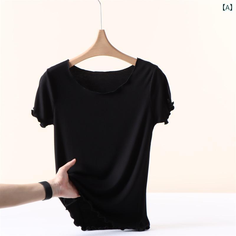 Tシャツ レディース 半袖 無地 モダール混素材 リブ素材 メロウフリル クルーネック 薄手 トップス インナー 伸縮性 通気性 肌触り良い シンプル 使いやすい カジュアル 夏コーデ
