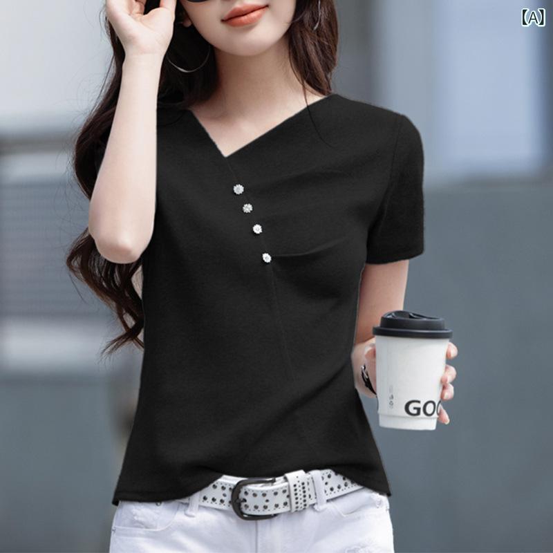 Short Sleeves - Tシャツ レディース Vネック カットソー 半袖 ウエストシェイプ トップス 不規則 無地 シンプル コットン混 フィット感 スタイルアップ 着痩せ オフィス カジュアル 通学 通勤 夏