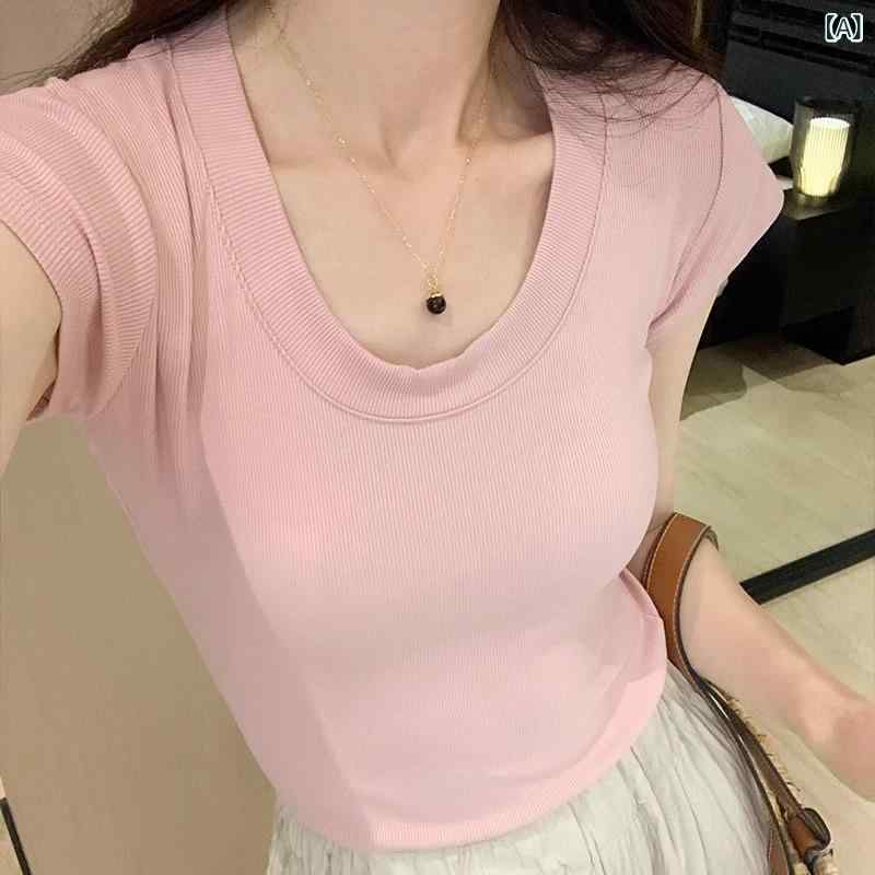 Tシャツ レディース 半袖 Uネック カットソー トップス ストレッチ フィット タイト スリム インナー 無地 シンプル カジュアル コットン混素材 体型カバー 着回ししやすい 通勤 通学 オフィス 春夏