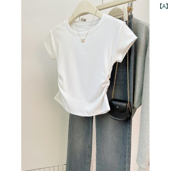 Tシャツ レディース 半袖 カットソー 不規則 ギャザー加工 ショート丈 スリムフィット ヘソ出し 春夏コーデ トップス コットン混素材 伸縮性抜群 動きやすい 普段使い お出かけ スタイルアップ