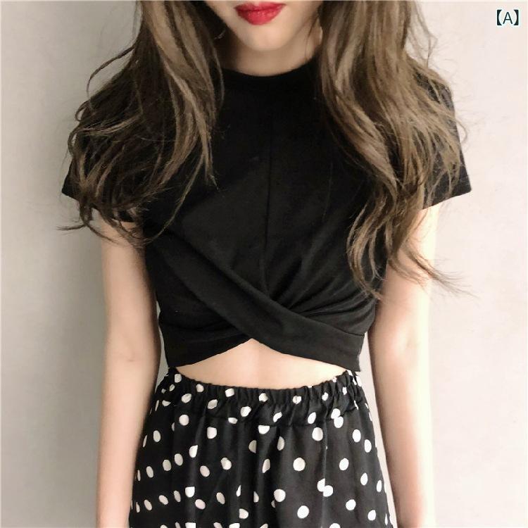 Rakuten - Tシャツ レディース 半袖 クロップド丈 トップス ショート丈 コットン混 カットソー ラウンドネック 無地 インナー スリムフィット タイト シンプル 動きやすい お出かけ デイリー カジュアル スタイルアップ 夏服