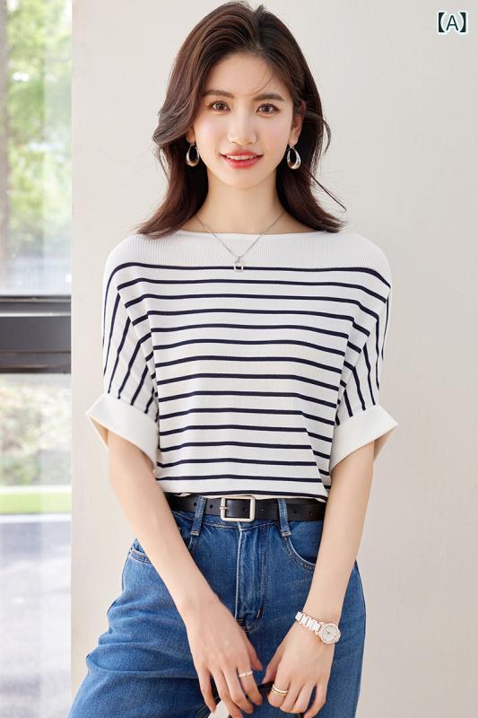 ニット レディース 半袖 Tシャツ サマーニット 接触冷感素材 ストライプ ビッグシルエット オーバーサイズ 体型カバー 落ち感 涼しい 快適着心地 事務服 オフィスカジュアル 通勤 通学