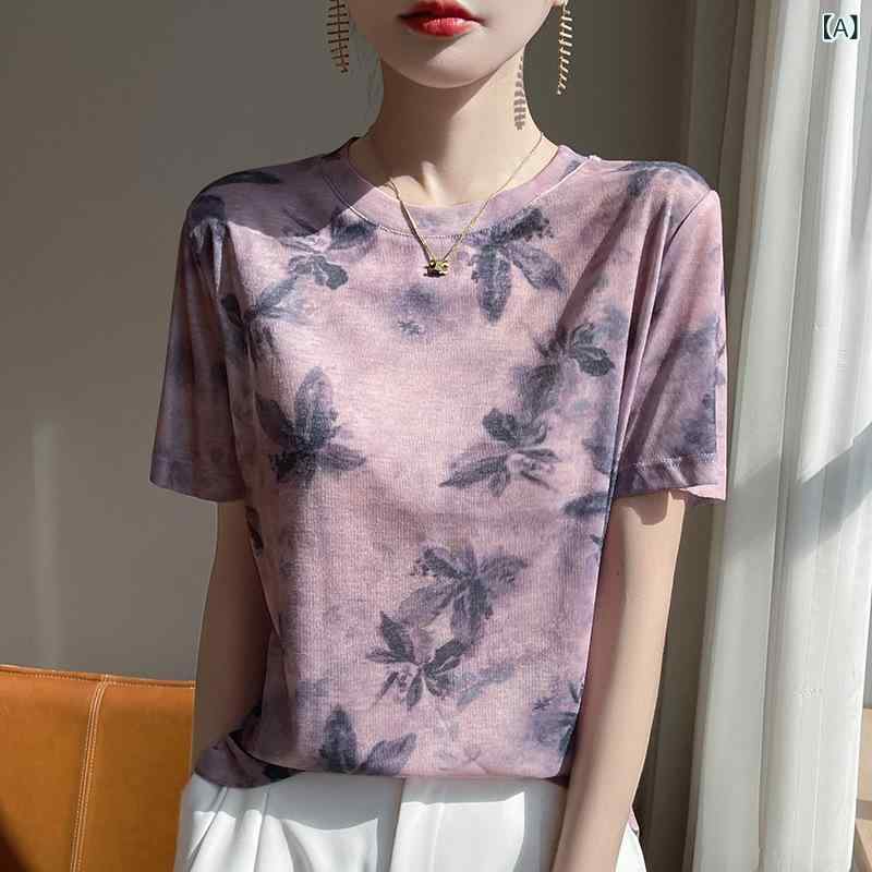 Tシャツ レディース 半袖 カットソー 水墨画風 プリント トップス コットン混 クルーネック ゆったり 着回ししやすい 快適 通気性 カジュアルウェア サマー 夏服 お出かけ デイリー
