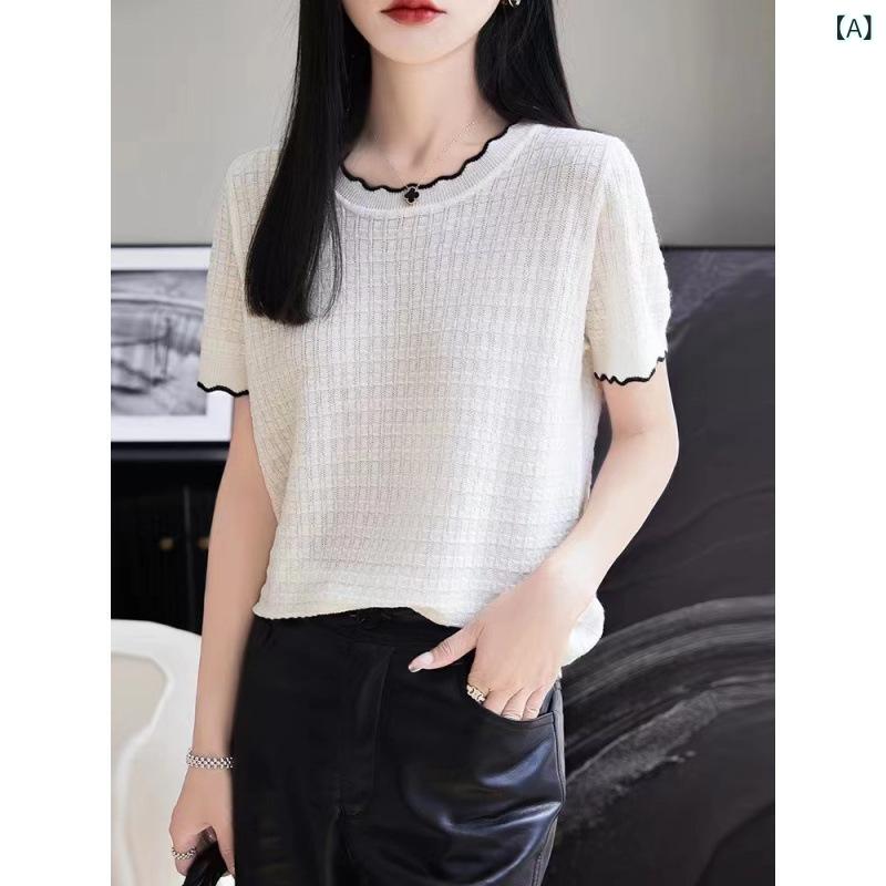 ニット レディース 半袖 Tシャツ サマーニット トップス 薄手 丸首 クルーネック 涼しい 接触冷感 吸汗 通気性 伸縮性 きれいめ シンプル 無地 ストレッチ 夏服 通勤 オフィス 普段着 着回し力