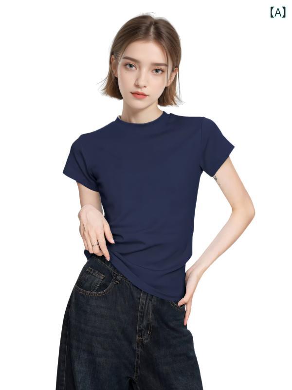 Rakuten - Tシャツ レディース 半袖 トップス ネイビー 紺 スリムフィット ショート丈 カットソー コットン混 クルーネック インナー 着回し抜群 シンプル 無地 きれいめ シルエット コンパクト 伸縮性 普段使い カジュアル