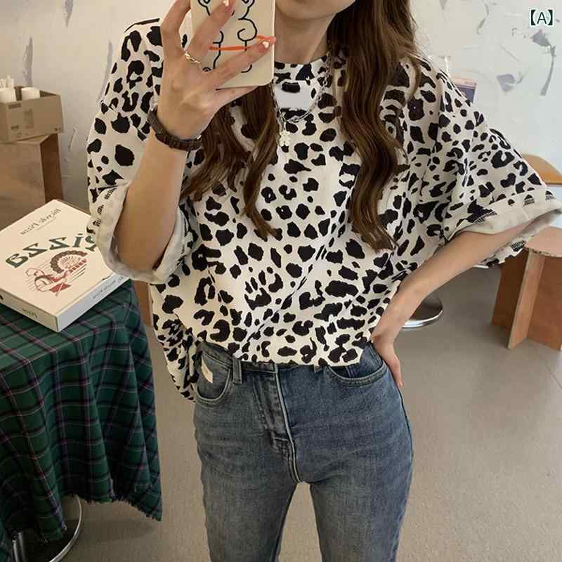 Tシャツ レディース ヒョウ柄 半袖 レオパード トップス カットソー ラウンドネック ゆったり シルエット 体型カバー 重ね着 普段着 カジュアル 通勤 通学 お出かけ 部屋着 動きやすい