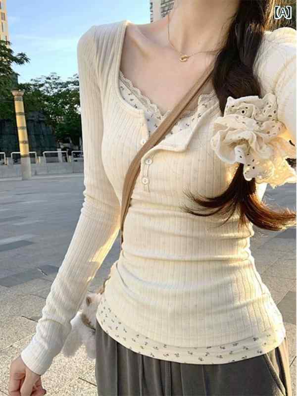 Tシャツ レディース 長袖 カットソー レース レイヤード 重ね着風 トップス クルーネック スリム フィット タイト ストレッチ素材 春秋 インナー カジュアル きれいめ おしゃれ 重ね着しやすい 伸縮性 トップス