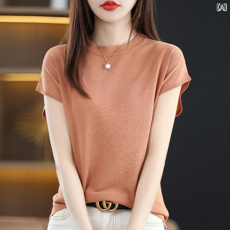 ニットTシャツ レディース 半袖 トップス サマーニット カットソー 無地 クルーネック 薄手 通気性 伸縮性 きれいめ 動きやすい オフィス 通勤 通学 シンプル 春夏 涼しい インナー 着回し カジュアル