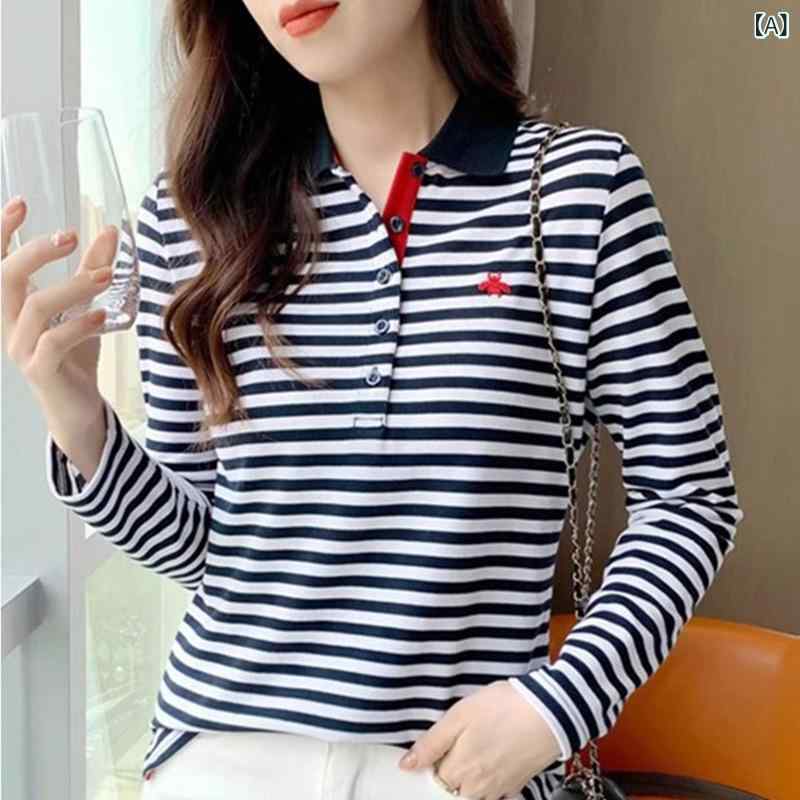 長袖Tシャツ レディース コットン素材 ストライプ ポロ襟シャツ 襟付き カットソー 秋服 カジュアル トップス 大きいサイズ ゆったり 体型カバー 通学 通勤 動きやすい