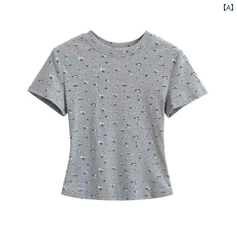 Tシャツ レディース 花柄 半袖 トップス ショート丈 カットソー コットン混 クルーネック スリムフィット 伸縮性 ストレッチ素材 夏服 カジュアル デイリーコーデ 着回し トップス おしゃれ 動きやすい