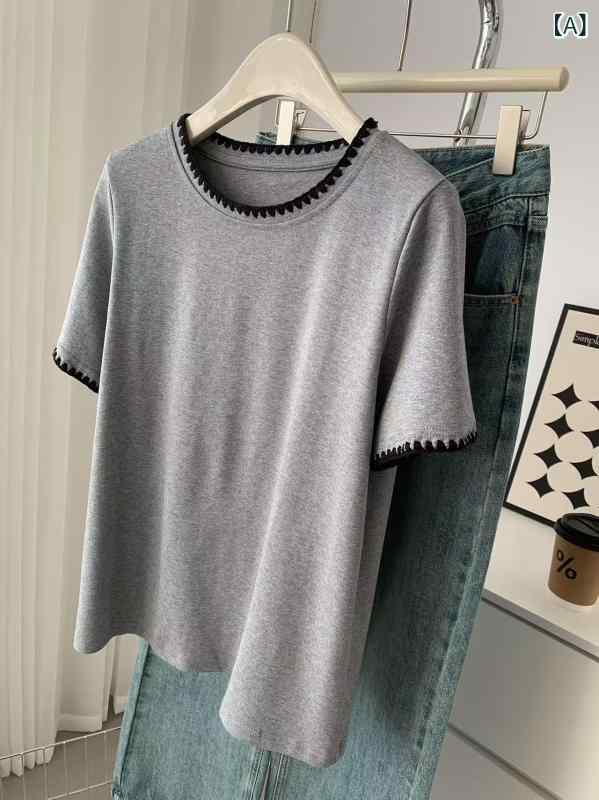 Tシャツ レディース カットソー 半袖 波型フリル切替 シンプル 無地 クルーネック 伸縮性のある素材 トップス 通学 通勤 デイリー 柔らかい肌触り 重ね着しやすい