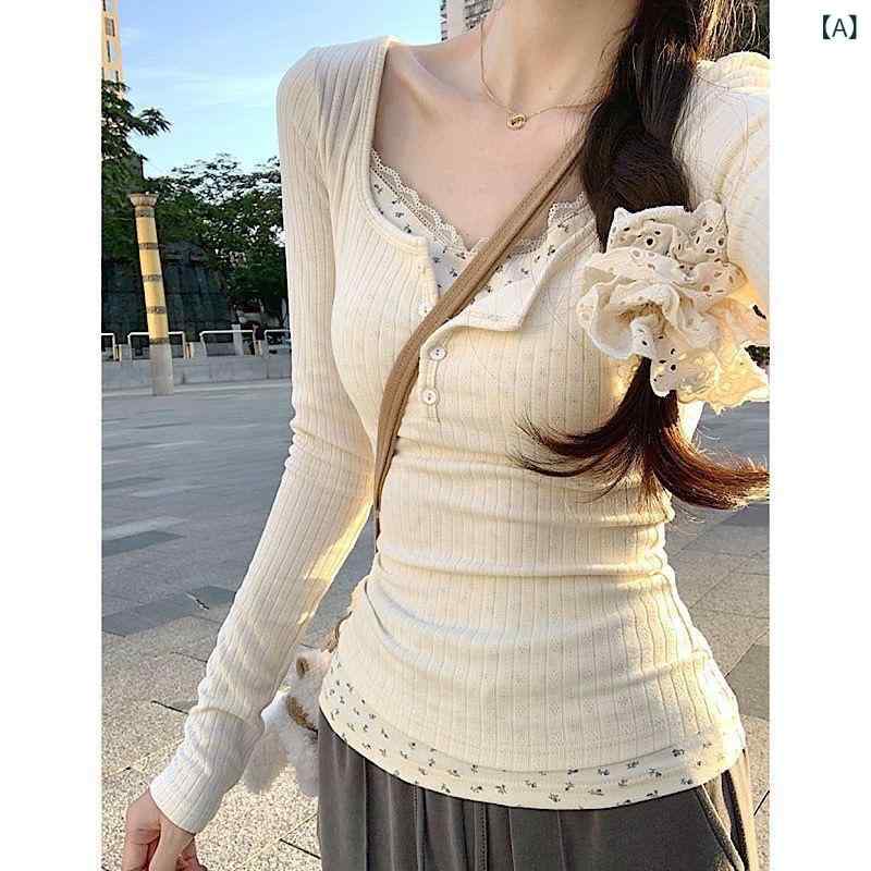 長袖Tシャツ レディース 花柄 レース切り替え トップス カットソー 秋冬 重ね着風 インナー 性 着回し抜群 伸縮性があり動きやすい 長袖 カジュアル