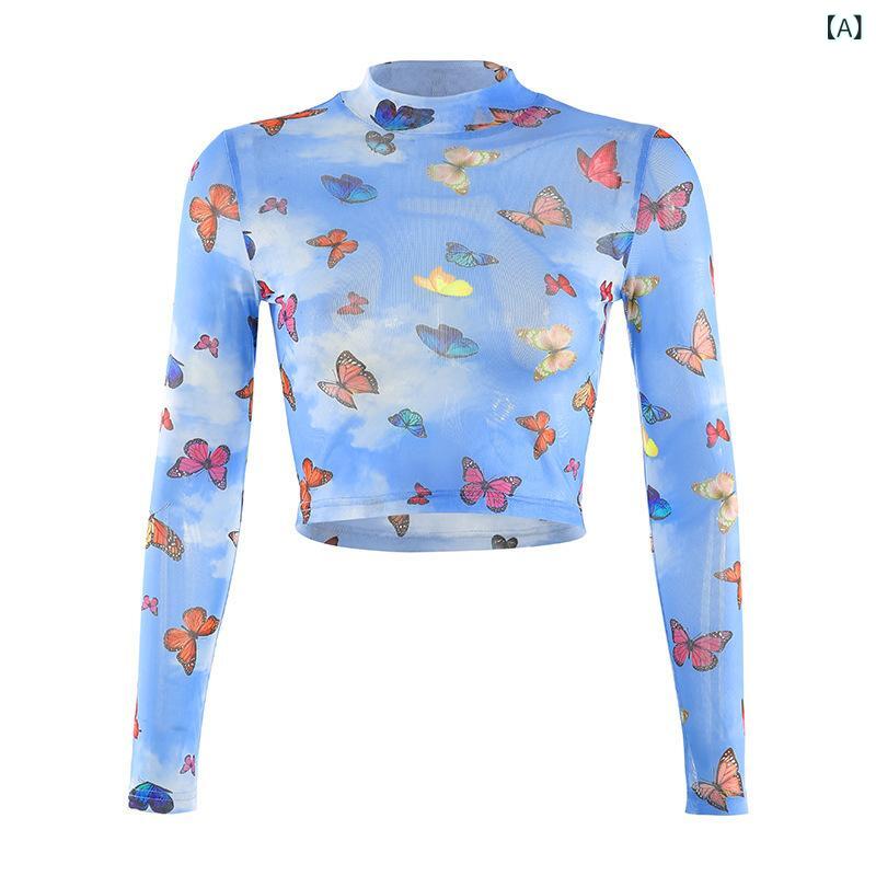 樂天商城 - Tシャツ レディース 長袖 カットソー シースルー 透け感 蝶々プリント ショート丈 トップス インナー レイヤード 肌見せ 肌触り良い 重ね着 伸縮性 普段着 通学 通勤 動きやすい 春秋