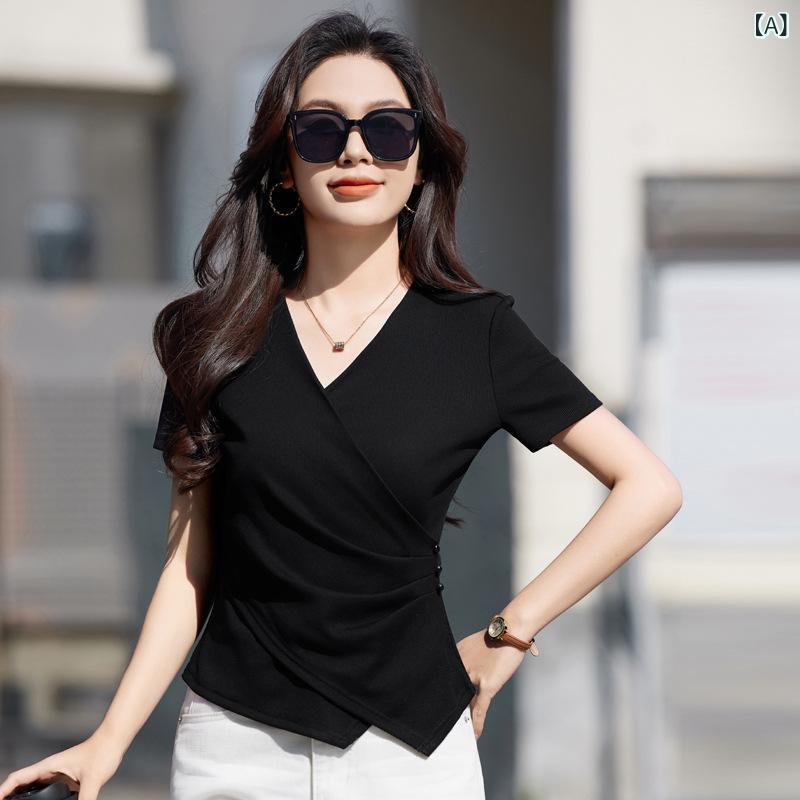 Rakuten - カットソー レディース 半袖 Tシャツ Vネック トップス 無地 シンプル コットン混素材 スリム フィット感 インナー 重ね着 伸縮性 通勤 通学 お出かけ 普段着 合わせやすい カジュアル 着回し力 動きやすい