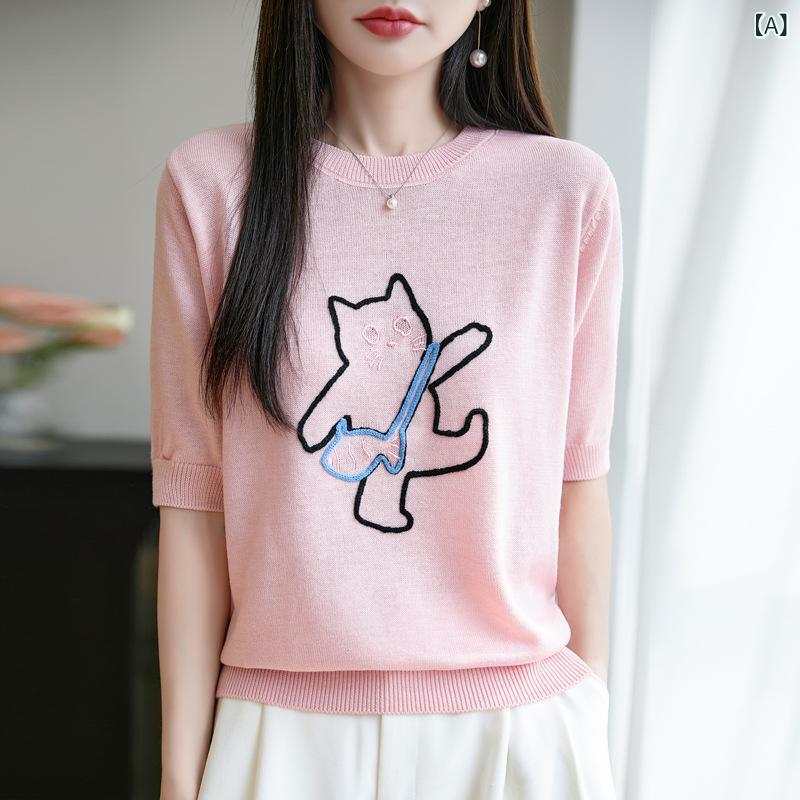 Tシャツ レディース 半袖 サマーニット ウール混 クルーネック 刺繍 猫柄 薄手 トップス カットソー インナー きれいめ カジュアル 重ね着 通気性 伸縮性 フィット感 おしゃれ 通勤 通学 春夏