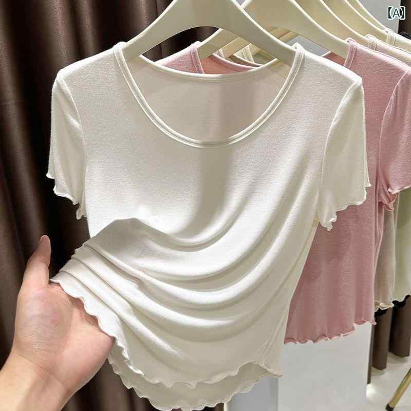 Tシャツ レディース 半袖 カットソー ラウンドネック 無地 ショート丈 インナー トップス 薄手 ストレッチ素材 シンプル ベーシック 着回し 重ね着 デイリー カジュアル 伸縮性 通気性 収納しやすい