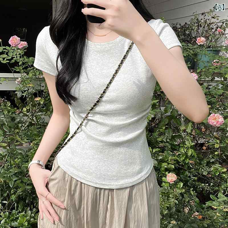 Tシャツ レディース 半袖 カットソー スリム タイト ショート丈 トップス クロップド丈 コットン混 性 おしゃれ 着…