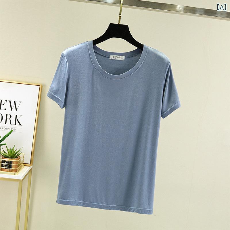 Short Sleeves - Tシャツ レディース カットソー 半袖 ラウンドネック 無地 ゆったりサイズ 綿混素材 体型カバー シンプル カジュアル トップス 着回し 通気性 柔らかい 涼しい デイリーウェア 重ね着 インナー 春夏