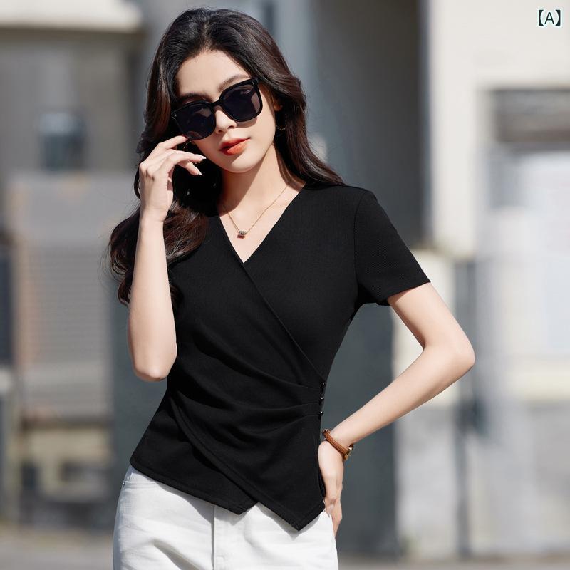 カットソー レディース Vネック 半袖 Tシャツ ストレッチ素材 スリムフィット 無地 インナー トップス 伸縮性 タイト 動きやすい 春夏 シンプル スタイルアップ 着回し カジュアル 通学 通勤