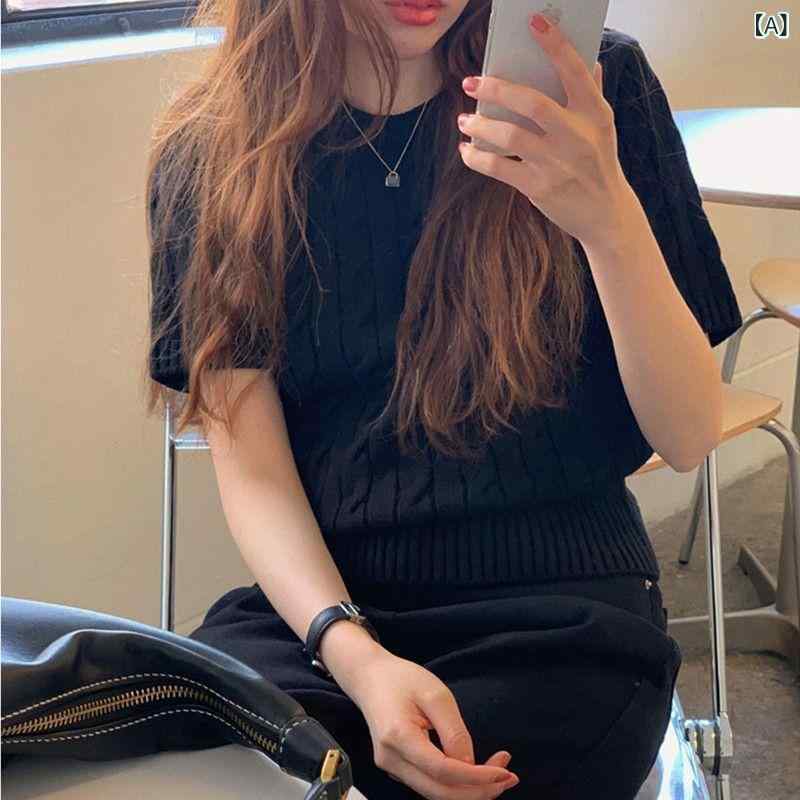 ニットソー レディース 半袖 Tシャツ サマーニット トップス ケーブル編み クルーネック コットン混素材 薄手 通気性 インナー 重ね着 シンプル 無地 カジュアル 伸縮性 通勤 通学 夏服 涼しい