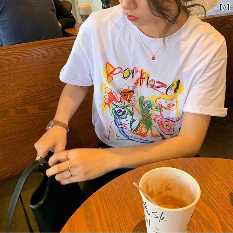 Tシャツ レディース 半袖 トップス コットン素材 プリント クルーネック カットソー カジュアル ゆったり 体型カバー 通気性 動きやすい 普段着 デイリー使い 春夏物 インナー 着回し 涼しい