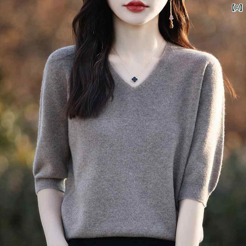 Short Sleeves - ニット レディース 半袖 Vネック 無地 ゆったり プルオーバー カットソー サマーニット 通気性抜群 オフィス カジュアル 通勤 通学 重ね着 シンプル トップス 大きいサイズ インナー