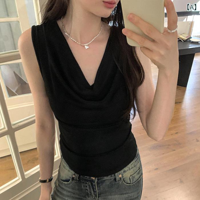 Short Sleeves - ノースリーブ レディース カットソー キャミソール タンクトップ ドレープネック ストレッチ素材 無地 シンプル インナー トップス 重ね着 風通しが良い 着回し力抜群 デイリー使い ノースリーブトップス カジュアル 普段着