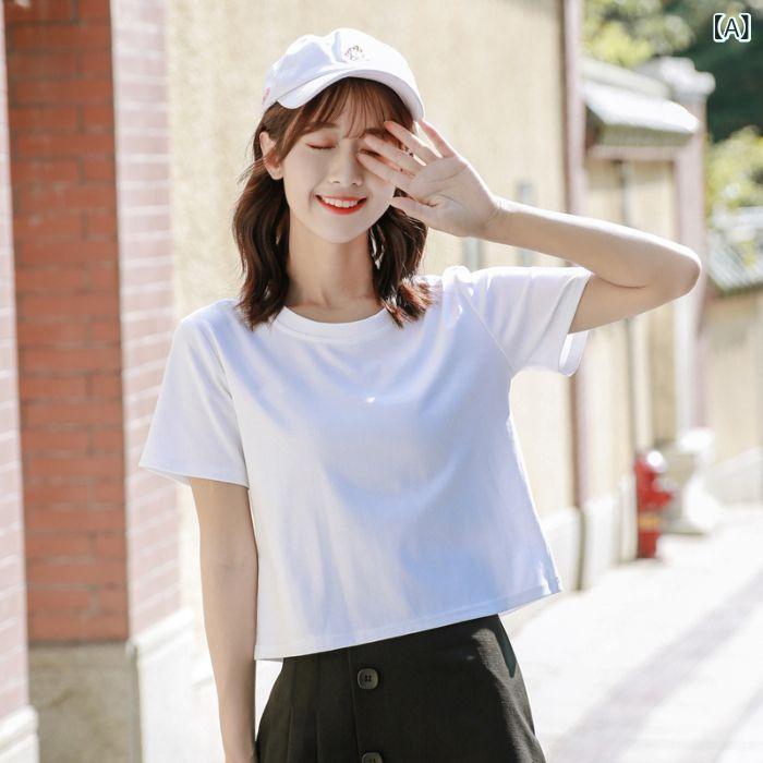 Tシャツ レディース 半袖 クルーネック 無地 ショート丈 トップス コットン素材 カットソー 春夏 インナー カジュアル シンプル 着回ししやすい 動きやすい 普段着 デイリー使い ショートトップス 丈感