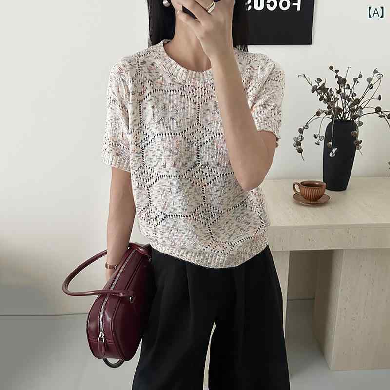 Long-Sleeved - ニットTシャツ レディース 半袖 トップス 薄手 カットソー リブ編み クルーネック 無地 シンプル 体型カバー 伸縮性 着回し 通気性 デイリー カジュアル 春夏 通学 通勤 インナー 涼しい コンパクト