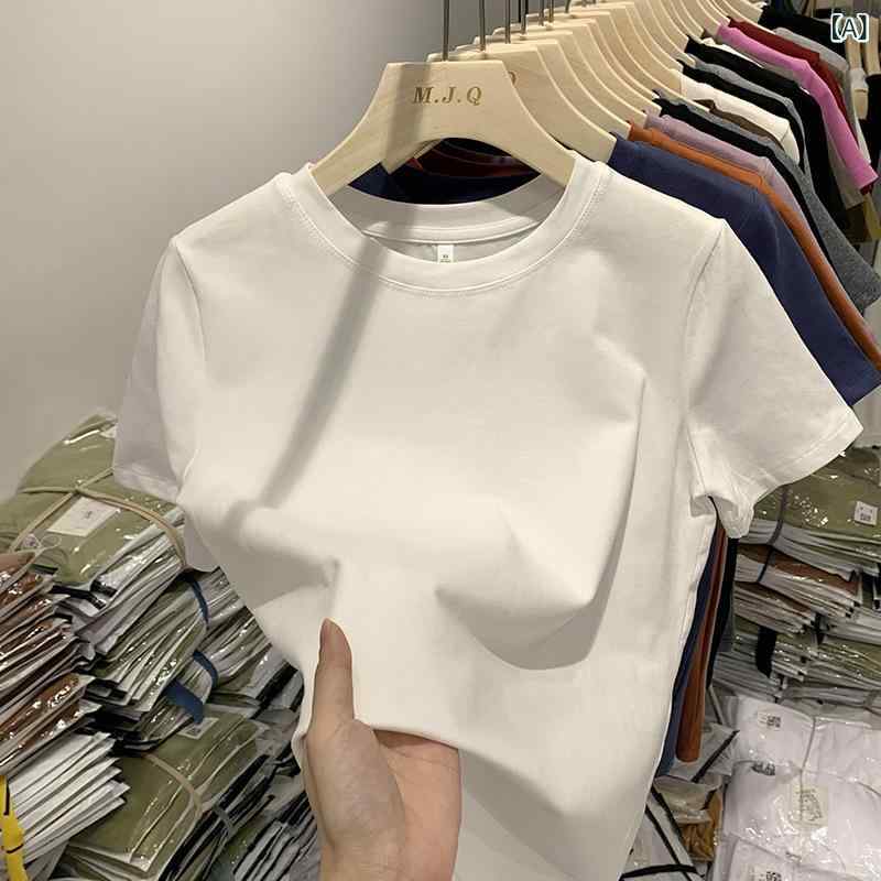 乐天商城 - Tシャツ レディース クルーネック ショート丈 半袖 トップス カットソー コットン混素材 スリムフィット 無地 ベーシック コンパクトシルエット 夏服 動きやすい 通学 カジュアル シンプル インナー 伸縮性