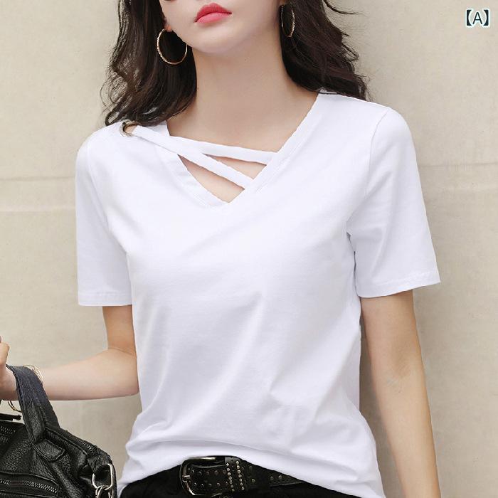 Tシャツ レディース Vネック 半袖 無地 シンプル カットソー トップス コットン風 ゆったり 大きめ 柔らかい 吸汗 通気性 きれいめ 普段着 通勤 通学 伸縮性 春夏