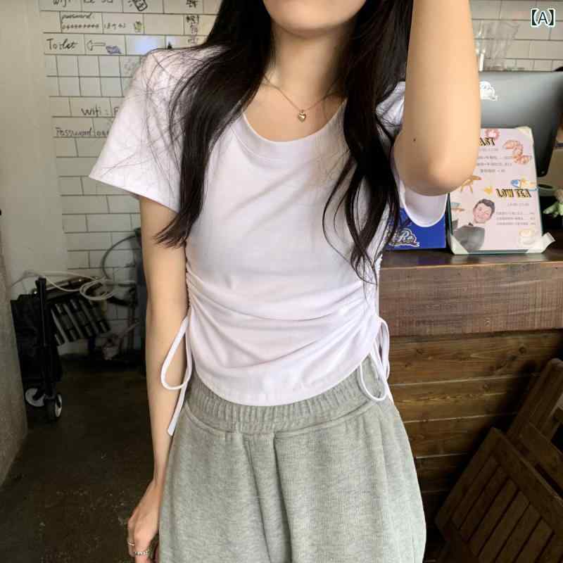 Tシャツ レディース 半袖 カットソー レースアップ ショート丈 タイトフィット トップス インナー コットン素材 薄手 伸縮性 動きやすい 夏服 シンプル 無地 カジュアル きれいめ 普段着 デイリー使い