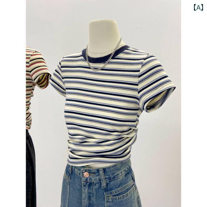 Tシャツ レディース 半袖 ストライプ クルーネック トップス カットソー レトロ 配...