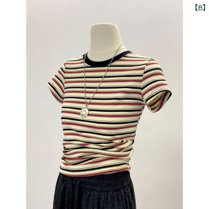 Tシャツ レディース 半袖 ストライプ クルーネック トップス カットソー レトロ 配...