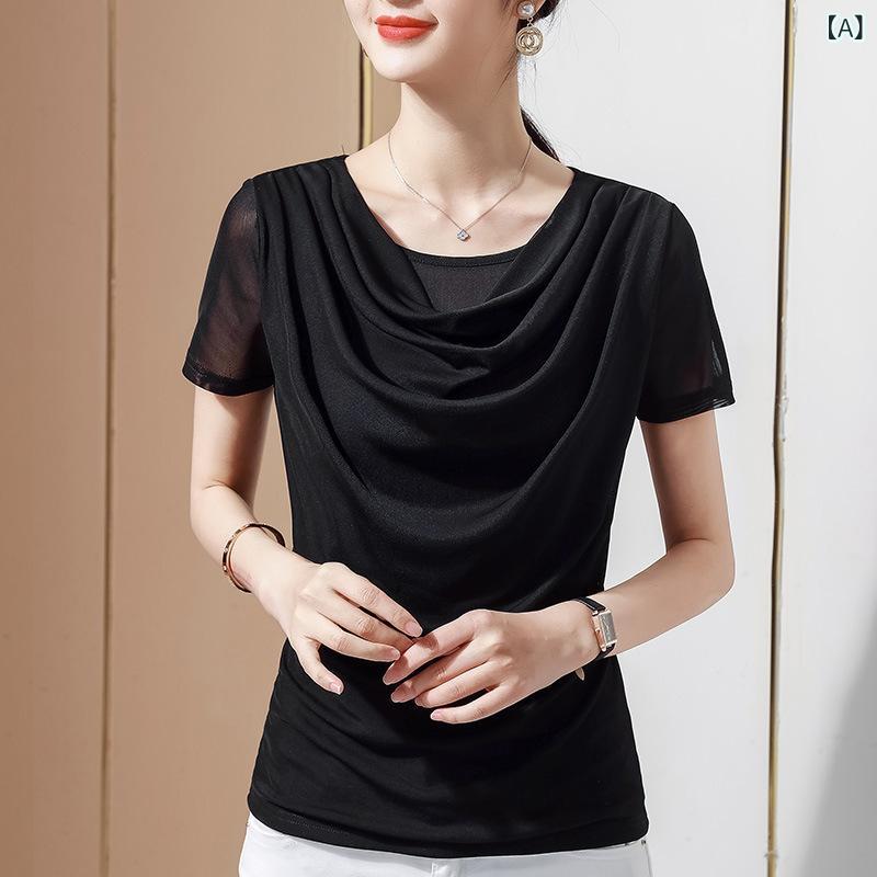 Tシャツ レディース 半袖 カットソー ドレープネック トップス コットン混素材 柔らかい ゆったり 体型カバー 無地 シンプル 普段着 デイリー 着回し力 動きやすい 楽ちん