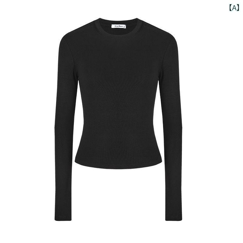 Long Bodysuits - カットソー レディース 長袖 トップス コットン混 リブニット 無地 スリム フィット インナー 伸縮性 通勤 通学 レイヤード デイリー シンプル クルーネック きちんと感 動きやすい 秋冬 春